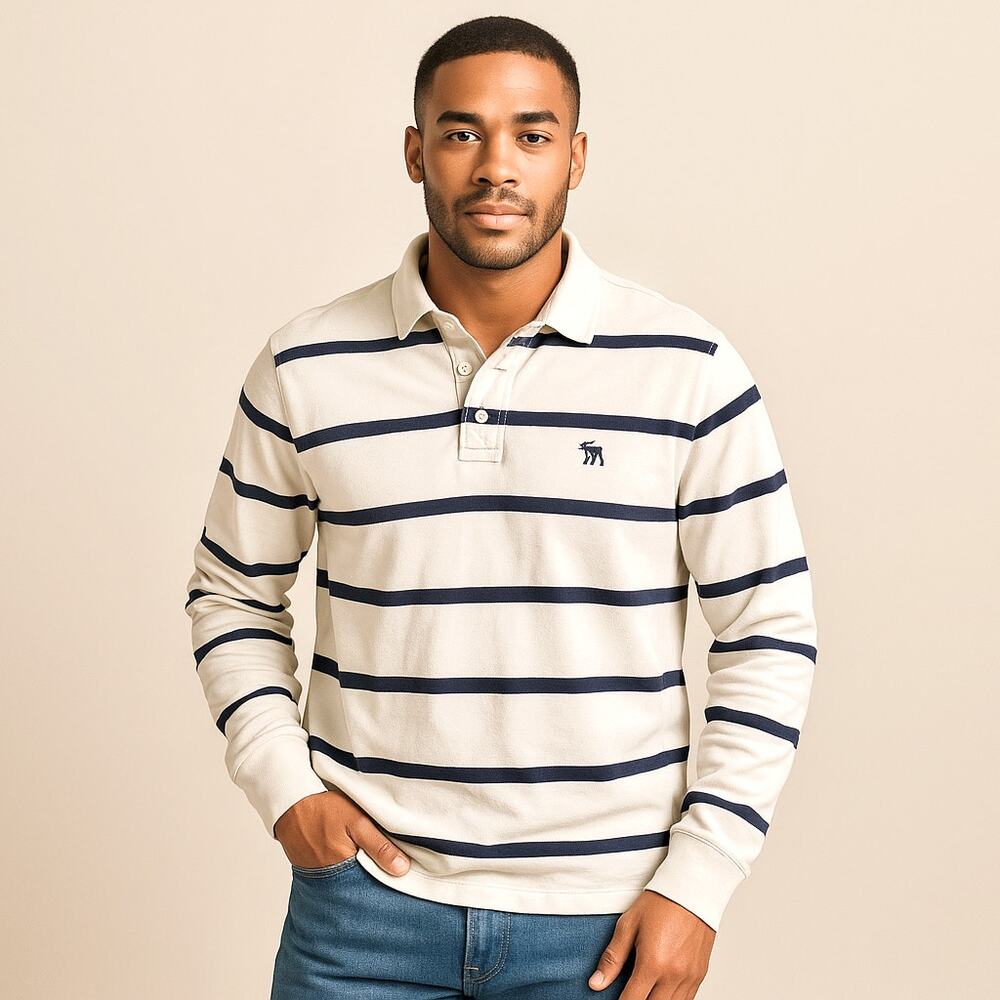 Abercrombie & Fitch Mens Preppy Rugby Polo L/S White Navy Stripe Heritage XXL